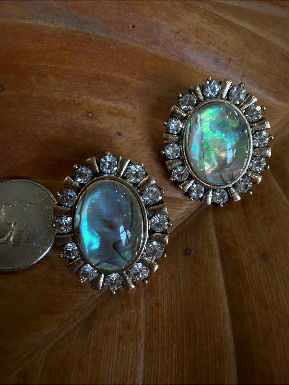 Iridescent Abalone Halo Stud Earrings with Crystal Accents